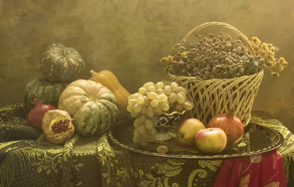 Flowers, table, apples, bouquet, grapes, pumpkin, fabric, fruit