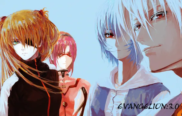 Glasses, red, guy, red eyes, Neon Genesis Evangelion, Evangelion, blue hair, Asuka Langley Soryu