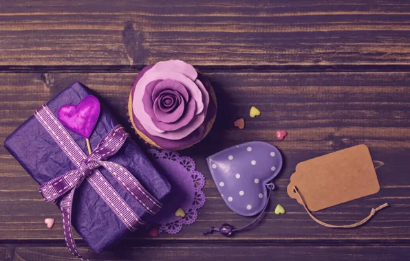 Gift, rose, tape, hearts, decoration, decor, Valentine's Day, cupcake
