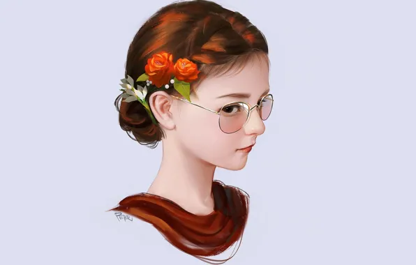 Picture face, blue background, glasses, flower in hair, portrait of a girl