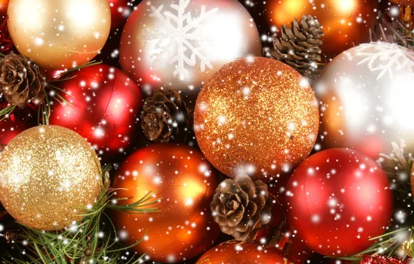 Snowflakes, balls, toys, New Year, Christmas, red, white, Christmas