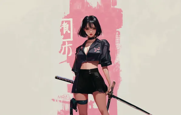 Picture Asian, short hair, painting, miniskirt, Japanese art, AI art, black skirts, holding katana