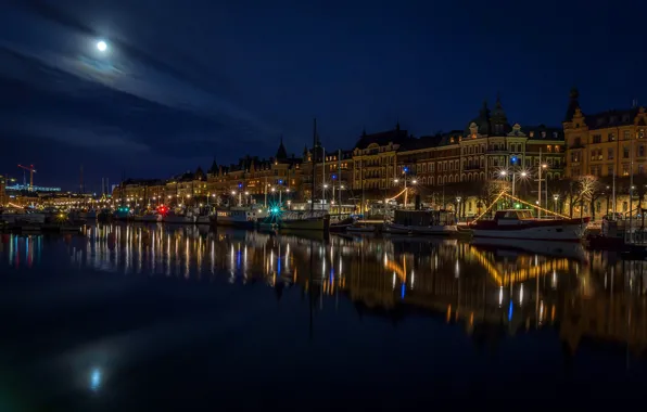 The sky, night, lights, river, the moon, home, boats, lights