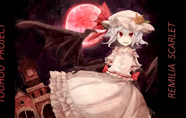 The full moon, red eyes, vampire, Remilia Scarlet, blood Moon, project East, bat wings, touhou …