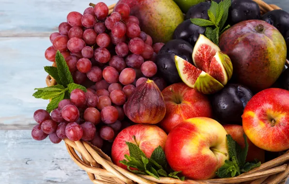 Apples, Board, grapes, red, mango, basket, plum, mint