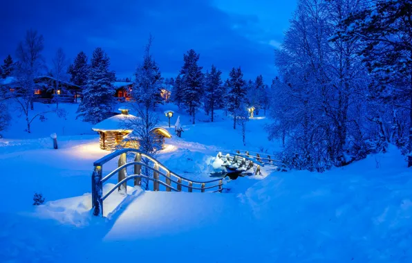 Winter, snow, trees, bridge, village, the snow, Finland, Finland