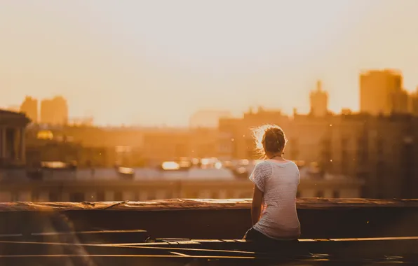 Picture roof, girl, the city, morning, Moscow, Alone