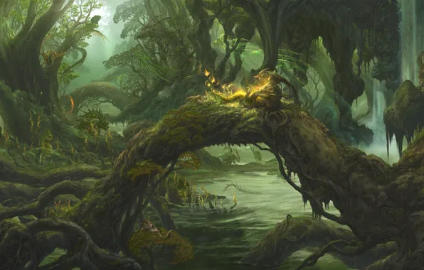 Picture forest, water, dragons, spirit, thicket, art, ucchiey, if kazama uchio