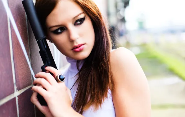 Picture girl, gun, weapons, wall, muffler