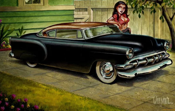 Girl, flowers, figure, Chevrolet, Chevrolet, Classic, Street Rod