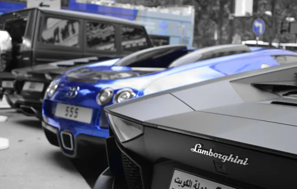 Blue, black, Lamborghini, Bugatti, jeep, Parking, Mercedes, Veyron