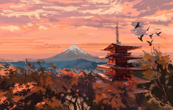Autumn, trees, birds, pagoda, Fuji