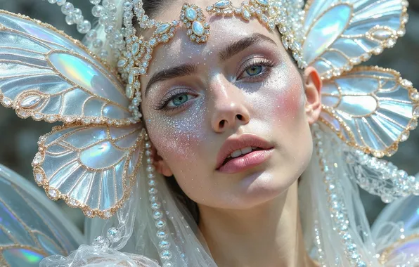 Girl, decoration, portrait, fairy, fantasy, wings, headdress, AI art