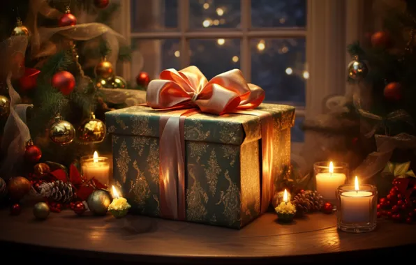 Gift, candles, window, Christmas, New year, herringbone, bow, AI art