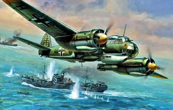 Picture sea, explosions, the ship, Junkers, Ju-88, high-speed bomber, Ju.88A-4, Werner Baumbach