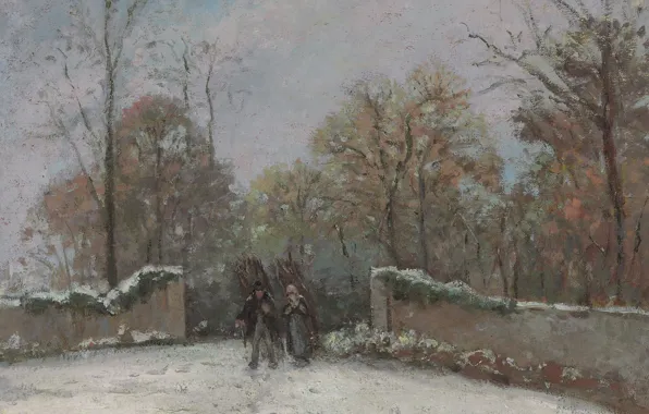 Picture landscape, the fence, people, picture, Camille Pissarro, The entrance to the Forest of Marly. Snow …