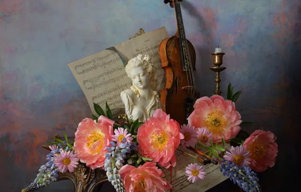 Girl, flowers, style, notes, background, violin, figurine, still life