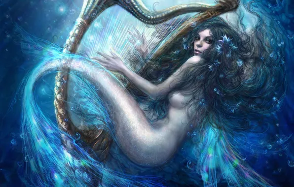 Flowers, mermaid, art, harp, tail, under water, musical instrument
