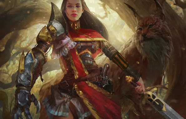 Cat, girl, fiction, predator, sword, armor, art, lynx