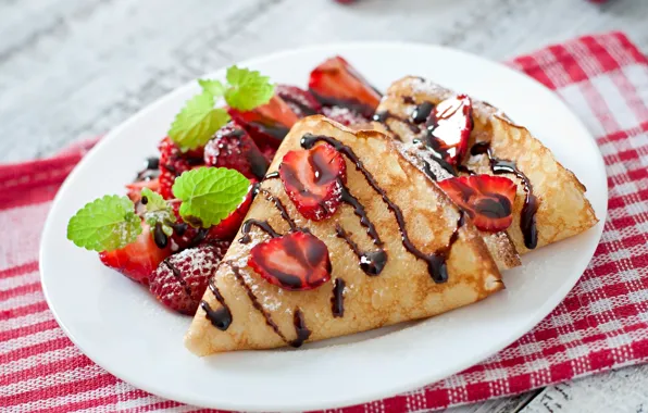 Berries, towel, strawberry, plate, pancakes, mint, pancakes, submission