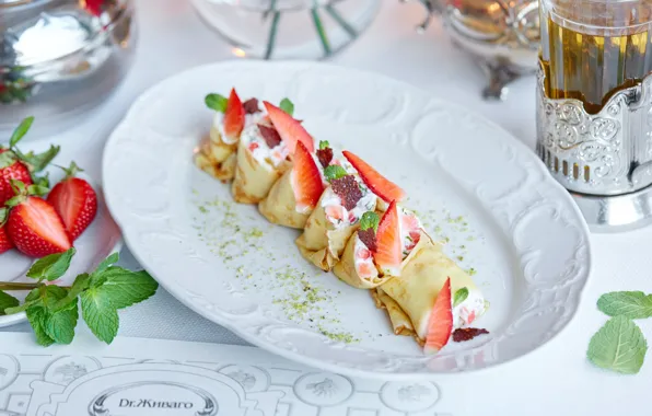 Tea, strawberry, pancakes, mint, cheese