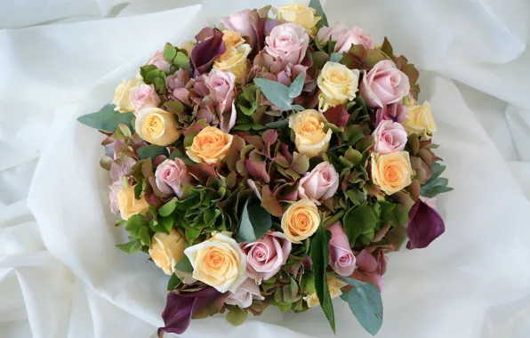 Picture flowers, roses, bouquet, yellow, pink, composition