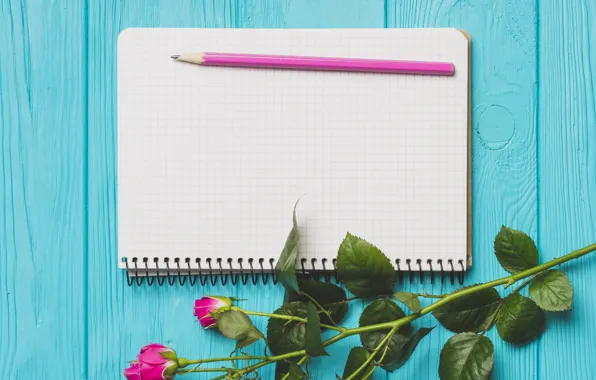 Flowers, roses, spring, Notepad, pencil, Board, buds, wood