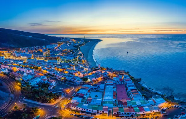Sea, the sky, lights, coast, home, horizon, Spain, Canary Islands
