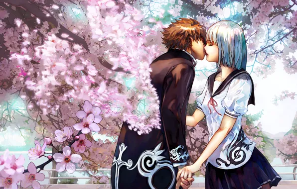Kiss, pair, lovers, cherry blossoms, Cherry kiss