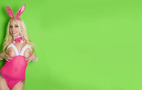 Girl, model, blonde, costume, tattoo, green background, hare, pink