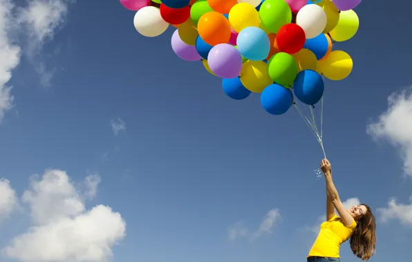 The sky, girl, clouds, joy, balloons, positive