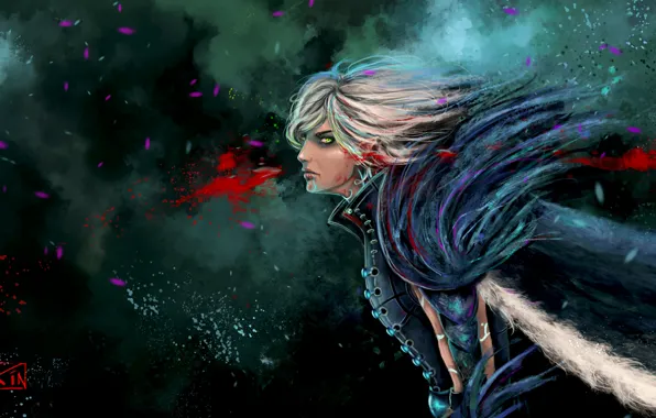 Picture abstraction, elf, feathers, art, guy, dragon age, fenris, rinacane