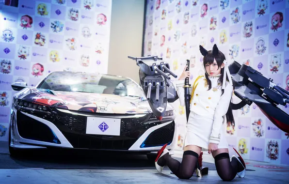 Picture Asian, weapon, katana, women, cosplay, high heels, looking at viewer, women with cars