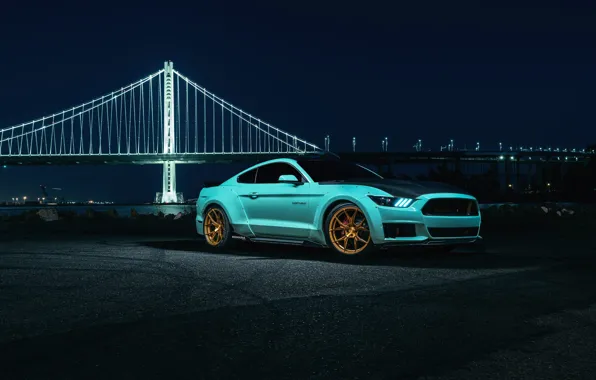 Picture Mustang, Ford, Blue, Bridge, Night, Wheels, Rohana