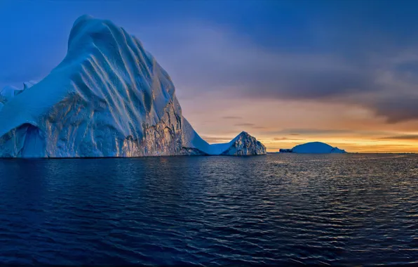 Picture sea, sunset, iceberg, Greenland