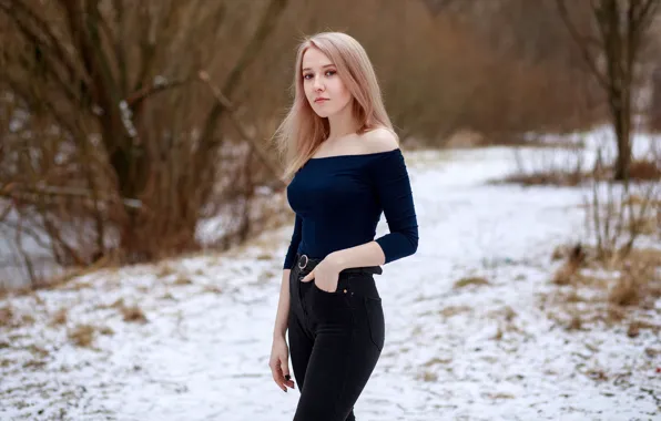 Winter, look, snow, trees, sexy, pose, background, model