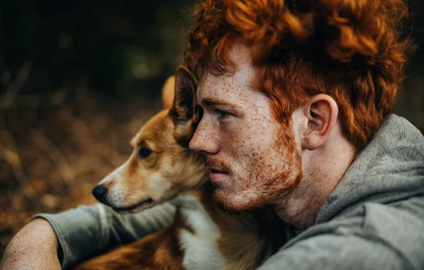 Nature, together, dog, freckles, profile, male, guy, friends