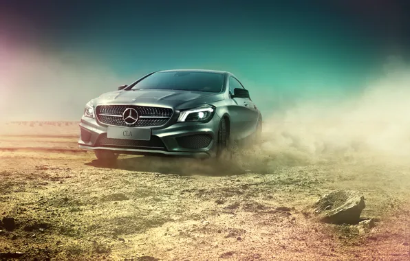 Picture desert, Mercedes-Benz, dust, skid, AMG, silvery, CLA, CLA-class