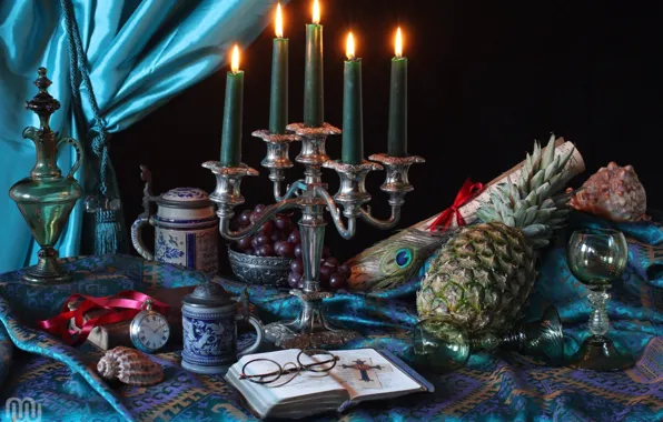Pen, watch, candles, glasses, glasses, grapes, Cup, shell