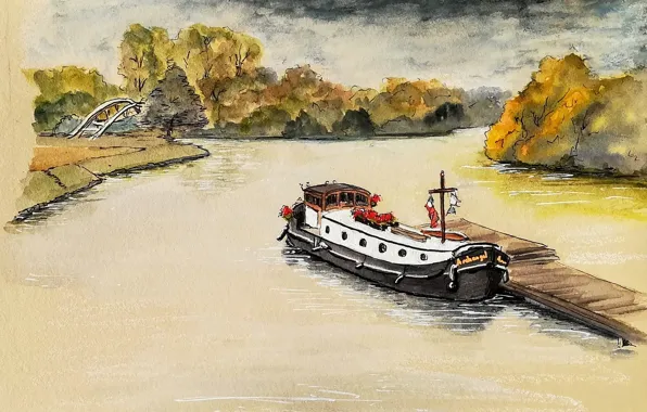 Autumn, landscape, river, figure, ship, pier, watercolor, barge