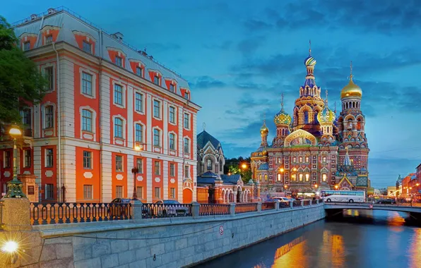 The city, building, the evening, Peter, lighting, lights, Saint Petersburg, Cathedral