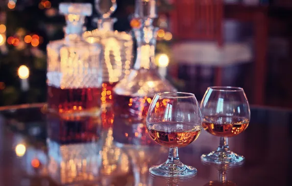 Table, holiday, glasses, cognac, drinks, whiskey, bokeh, Bourbon