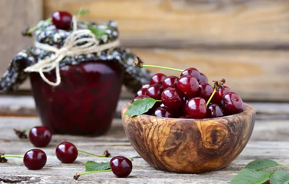 Picture leaves, cherry, berries, Board, Bank, bowl, jam