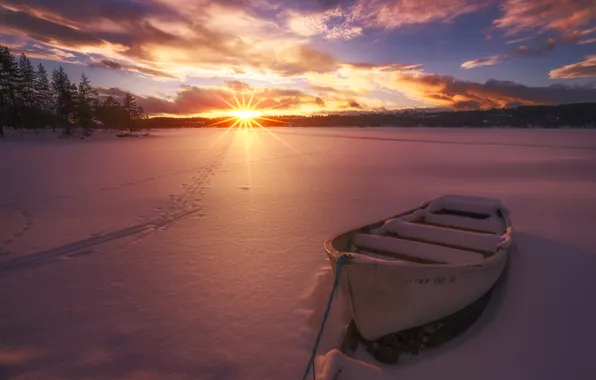 Winter, sunset, lake, boat