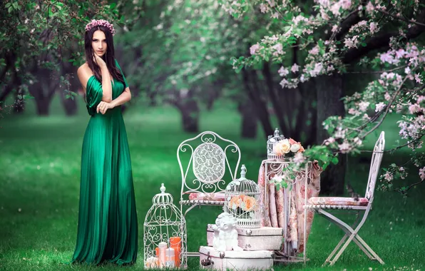 Greens, look, chairs, angel, cell, dress, brunette, wreath
