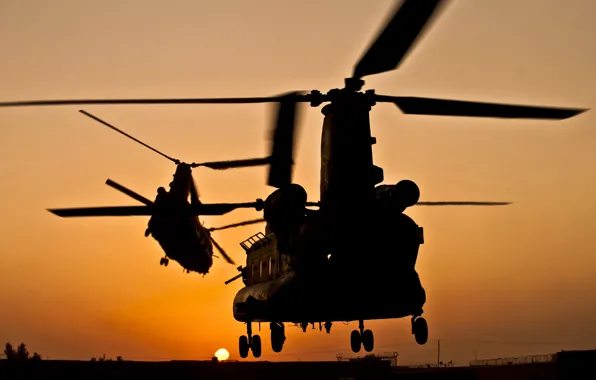 Picture sunset, pair, helicopter, Boeing, transport, Chinook, CH-47