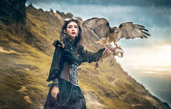 Look, girl, nature, style, rain, bird, hill, Asian