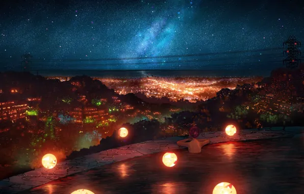 Girl, night, the city, the milky way, hot springs