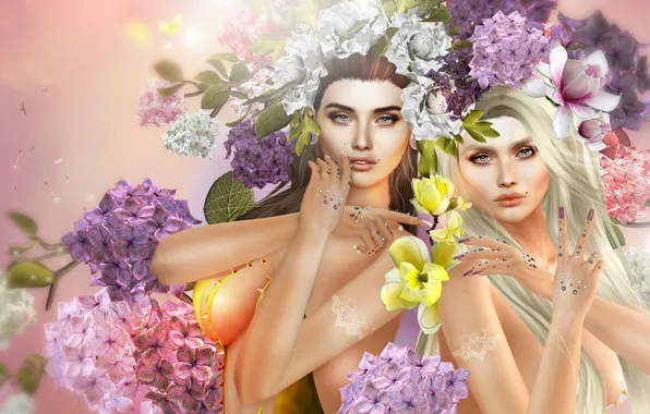 Picture flowers, girls, art, two girls, hydrangea