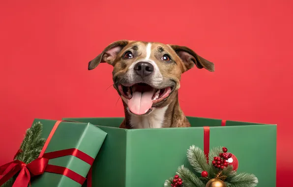 Language, look, box, gift, dog, Christmas, New year, face